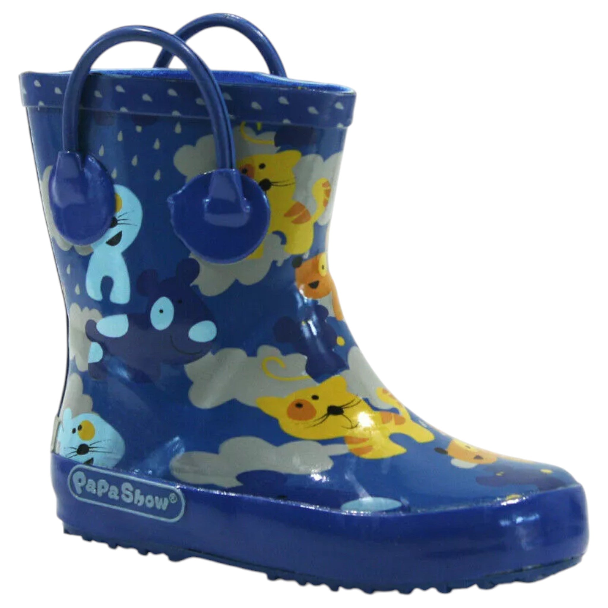 Kids’ blue wellies with animal and cloud print, waterproof cartoon rain boots with easy pull-on handles
